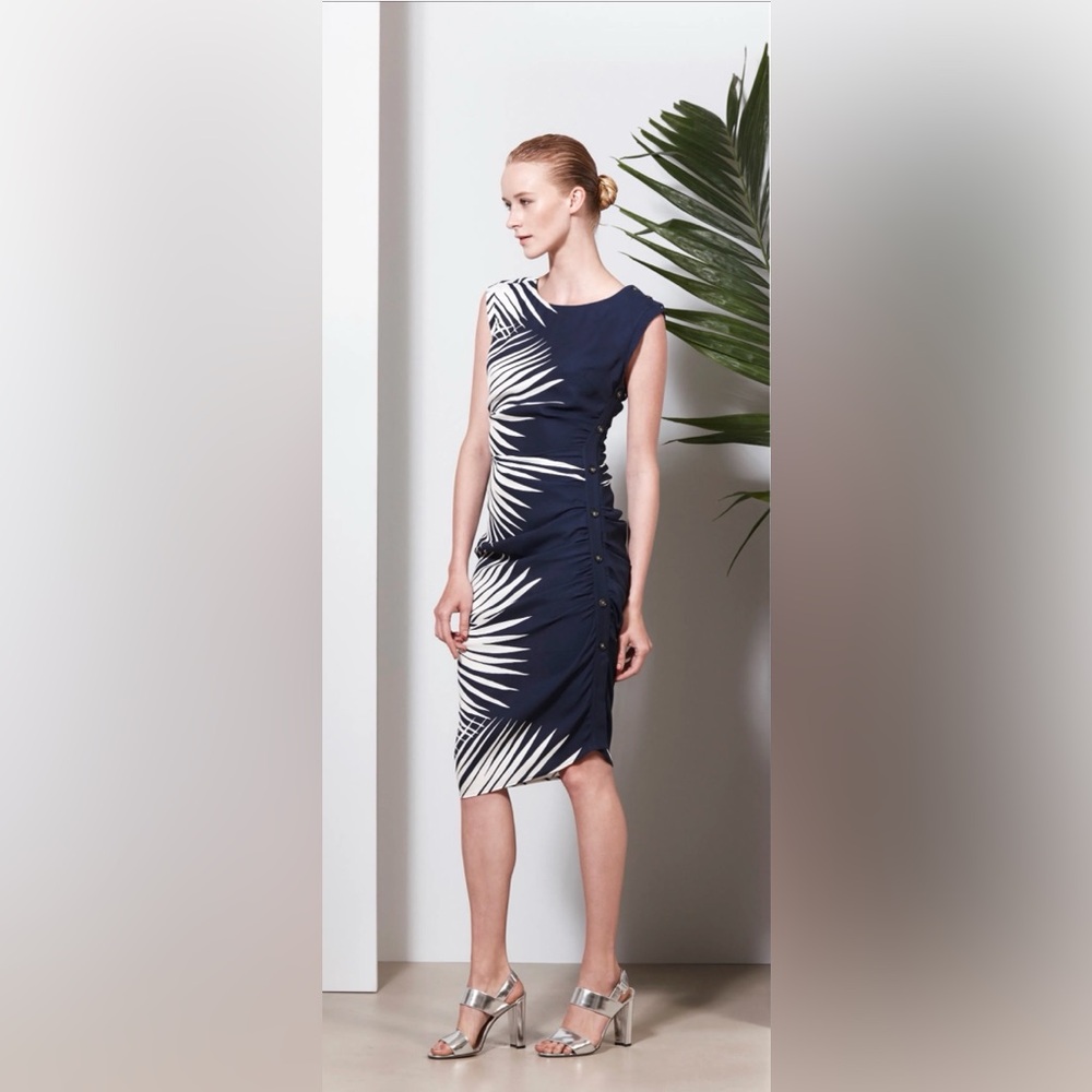 Veronica Beard Navy and White Palm Print Midi Dress